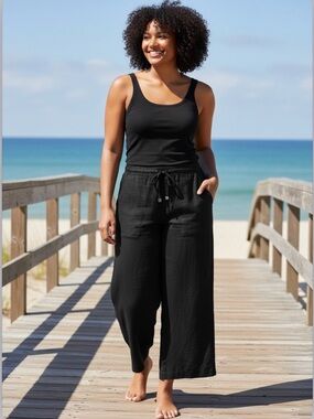 Lauren Ralph Lauren 100% Linen Drawstring Wide-Leg Trouser Pants, Black, Size 18